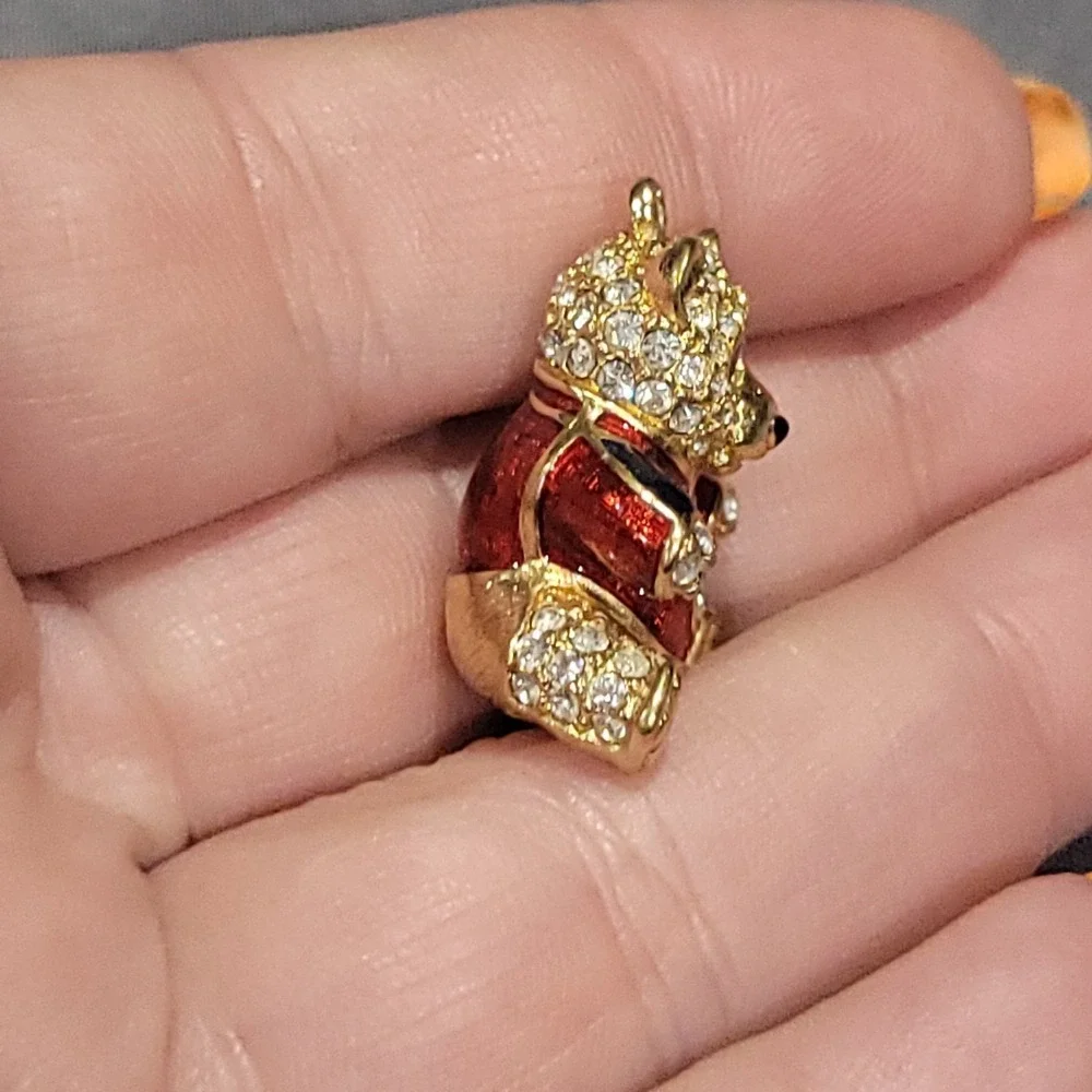 Savvy Swarovski Limited Edition Crystal Gold Tone Teddy Bear Pendant Red Enamel